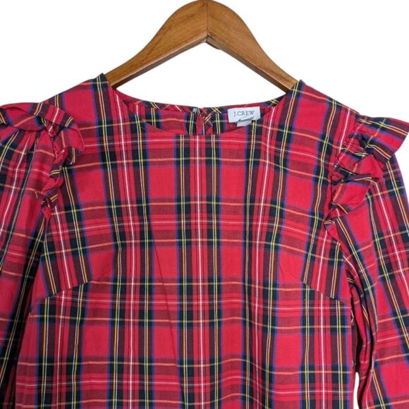 J. Crew Red Tartan Plaid Ruffle Flutter Shoulder Top XS Long Sleeve AT885 - Picture 2 of 12